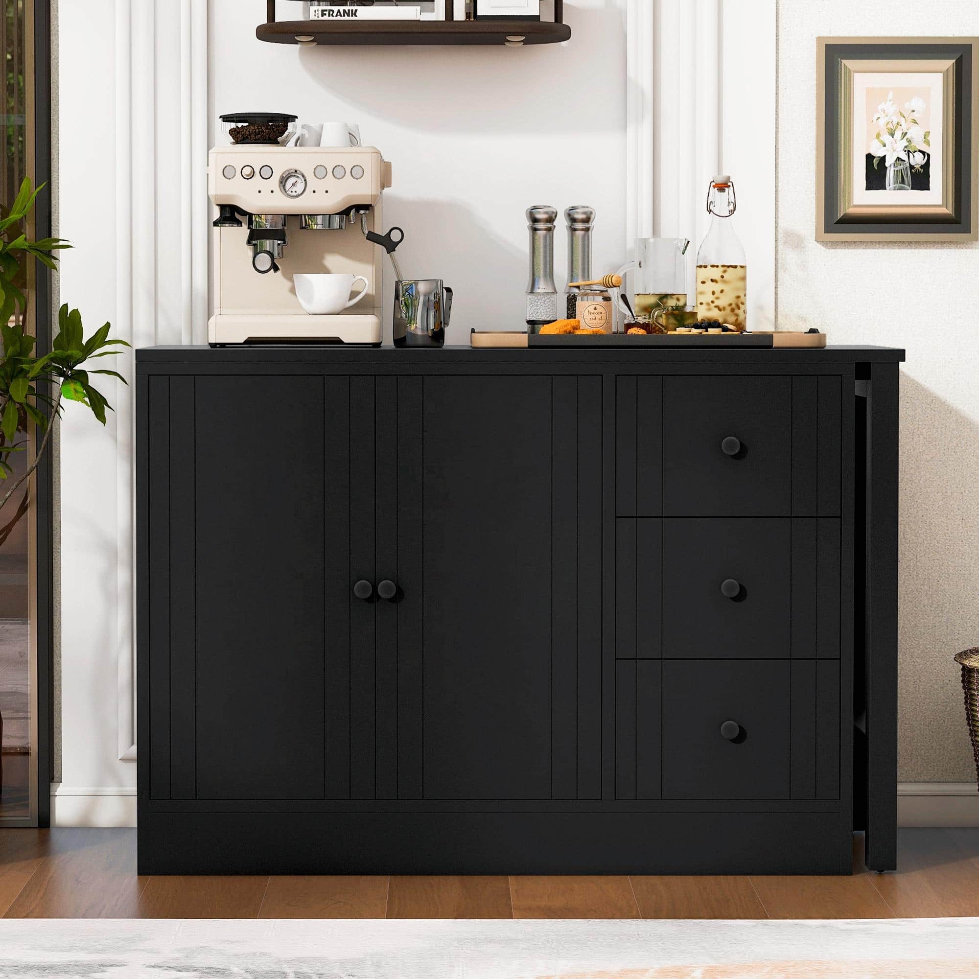 89.7'' Wooden Sideboard with Extendable Table - Multifunctional Storage Cabinet with 2 Doors and 3 Drawers