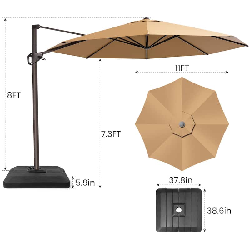11 Ft Outdoor Patio Cantilever 360 Degree Rotation Offset Umbrella with 4-Piece Fillable Weighted Base