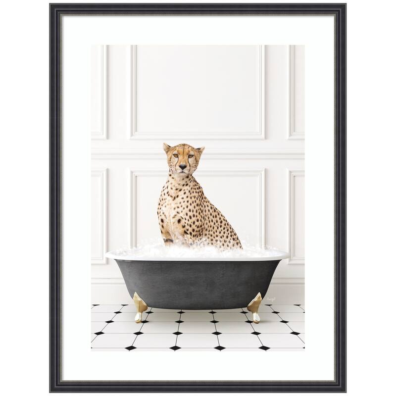 Kate and Laurel Cheetah in Classic Black and White Bathtub by Amy Peterson Framed Wall Art Print - 19 x 25 - Black