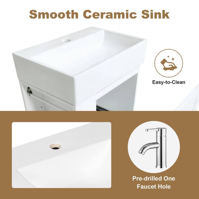 20" Bathroom Vanity with Ceramic Sink - Soft Close Door, Drawer & Side Shelf, Space-Saving MDF Cabinet for Small Bathrooms