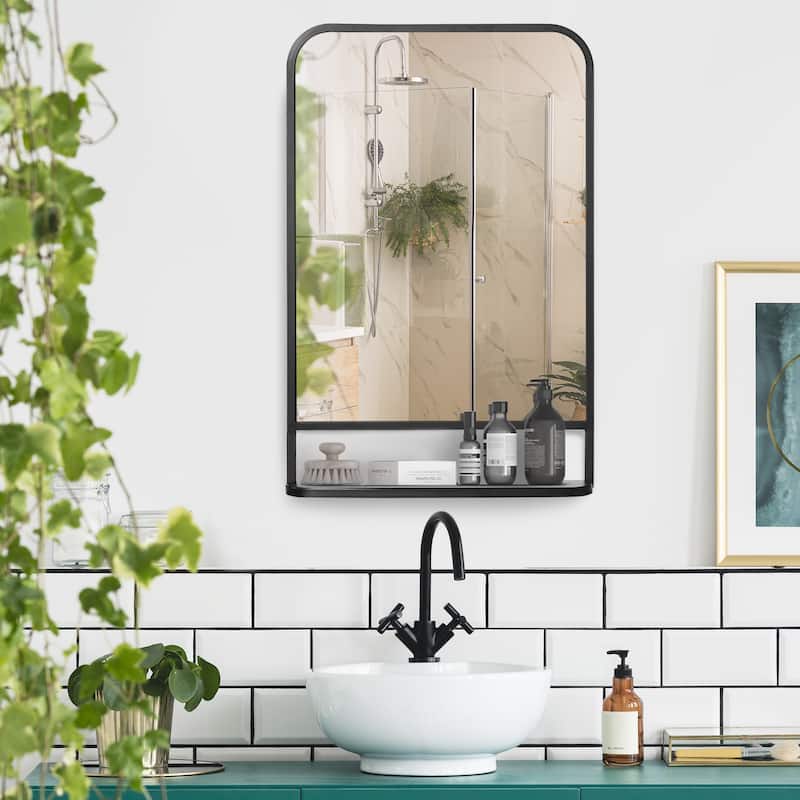 Black Metal Wall Mirror with Rounded Corners and Storage Shelf - 34" L x 21" W x 4" D