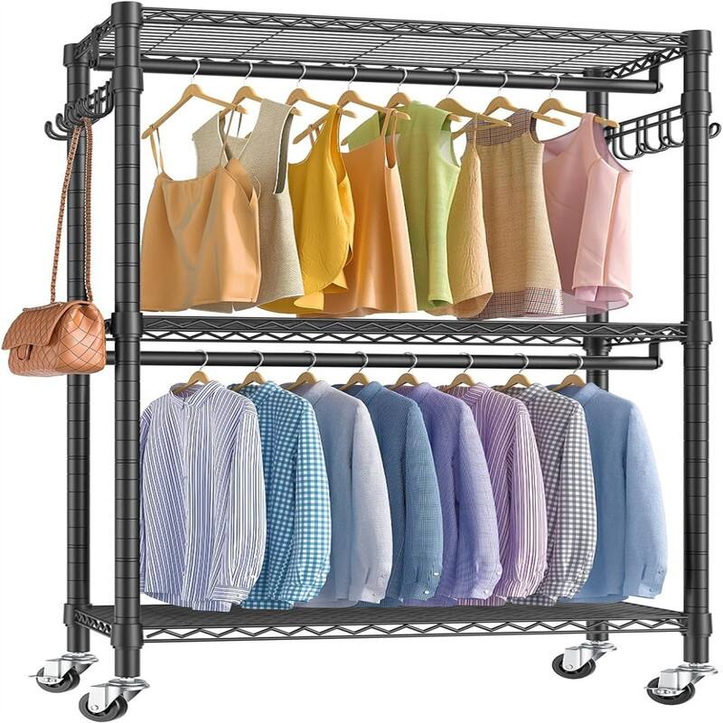 Rolling Clothes Rack Heavy Duty Clothing Rack for Hanging Clothes - 16.5"D x 29.5"W x 76.8"H - 16.5"D x 29.5"W x 76.8"H - Black