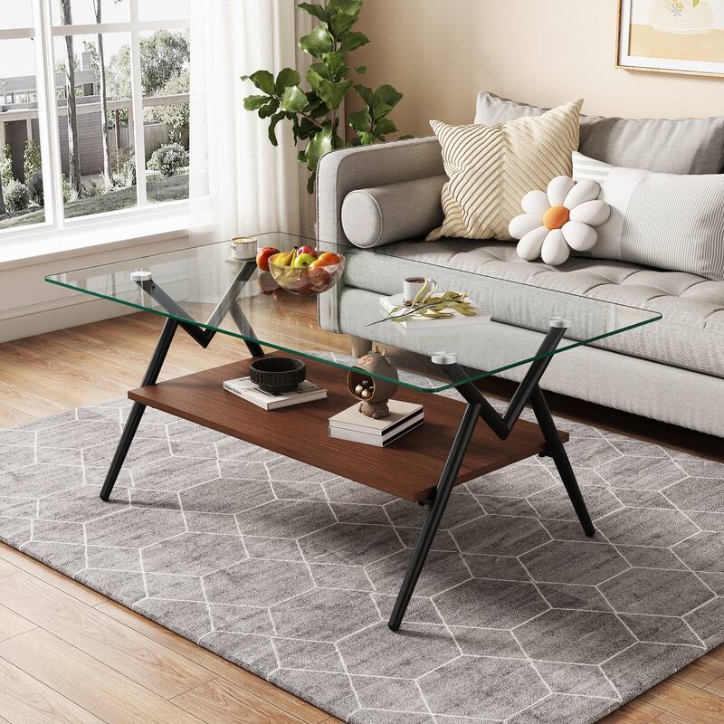 Rectangle Coffee Table with Tempered Glass Top and Shelf - Transparent