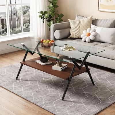 Rectangle Coffee Table with Tempered Glass Top and Shelf
