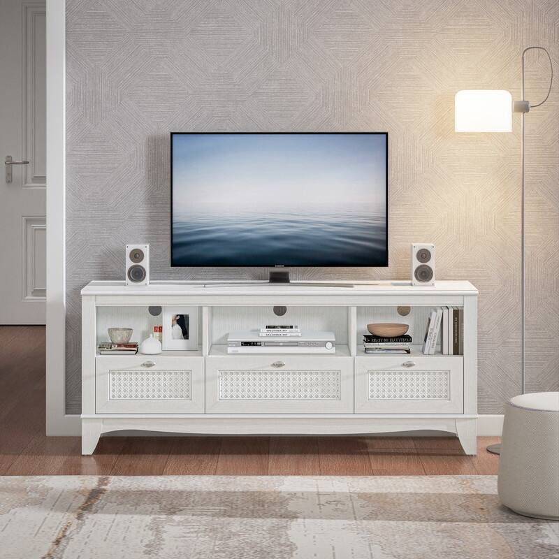 55-inch Rustic Wood TV Stand with Wicker Door Design for TVs up to 65"