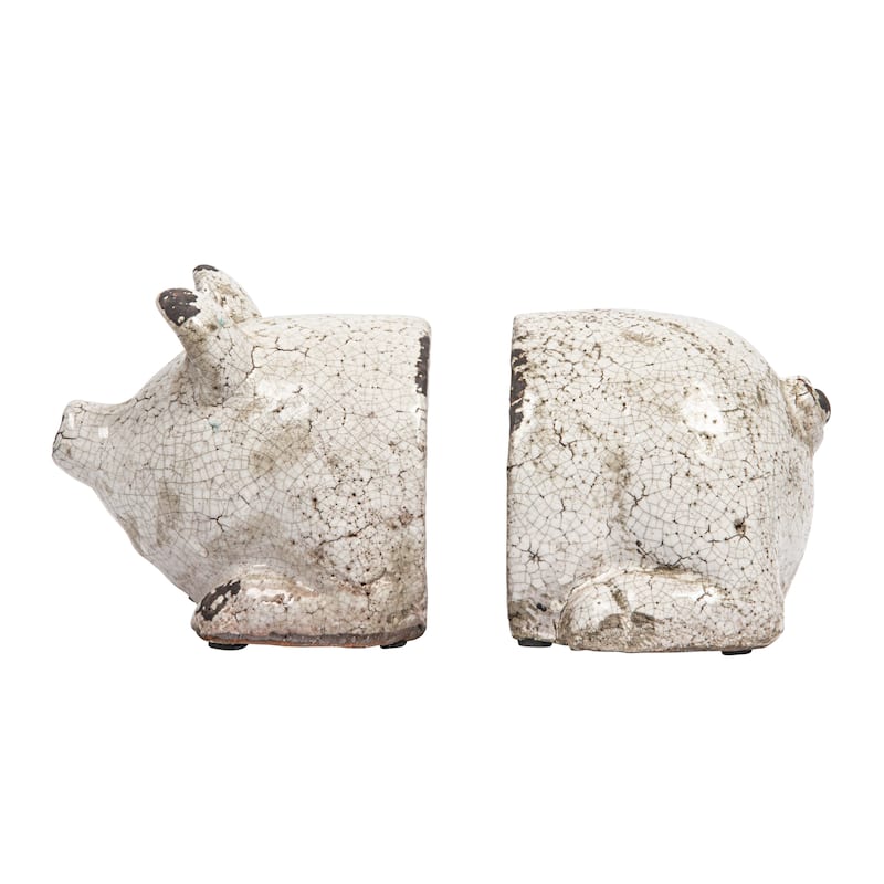 Distressed White Pig Shaped Terracotta Bookends