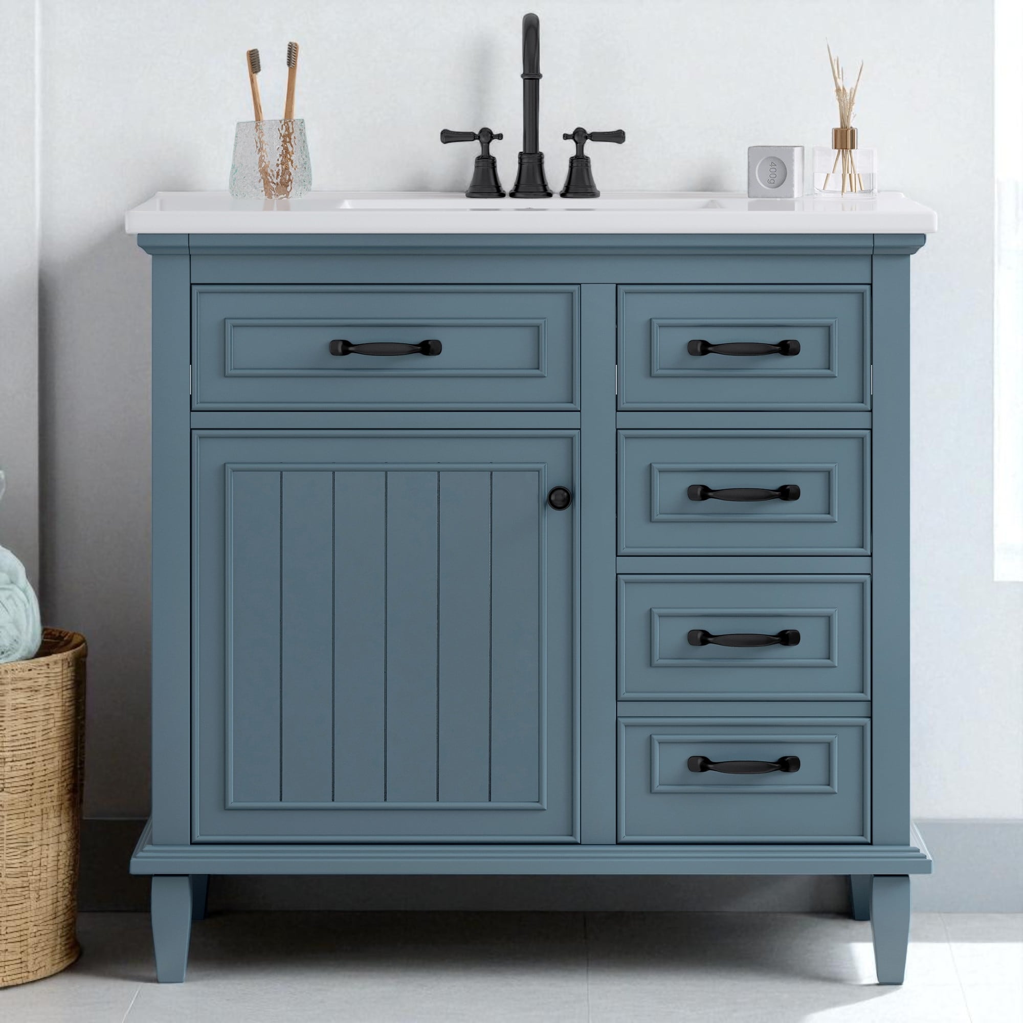 36" Bathroom Vanity with Ceramic Sink, Solid Wood Frame, 4 Drawers and Adjustable Shelf, Freestanding Cabinet