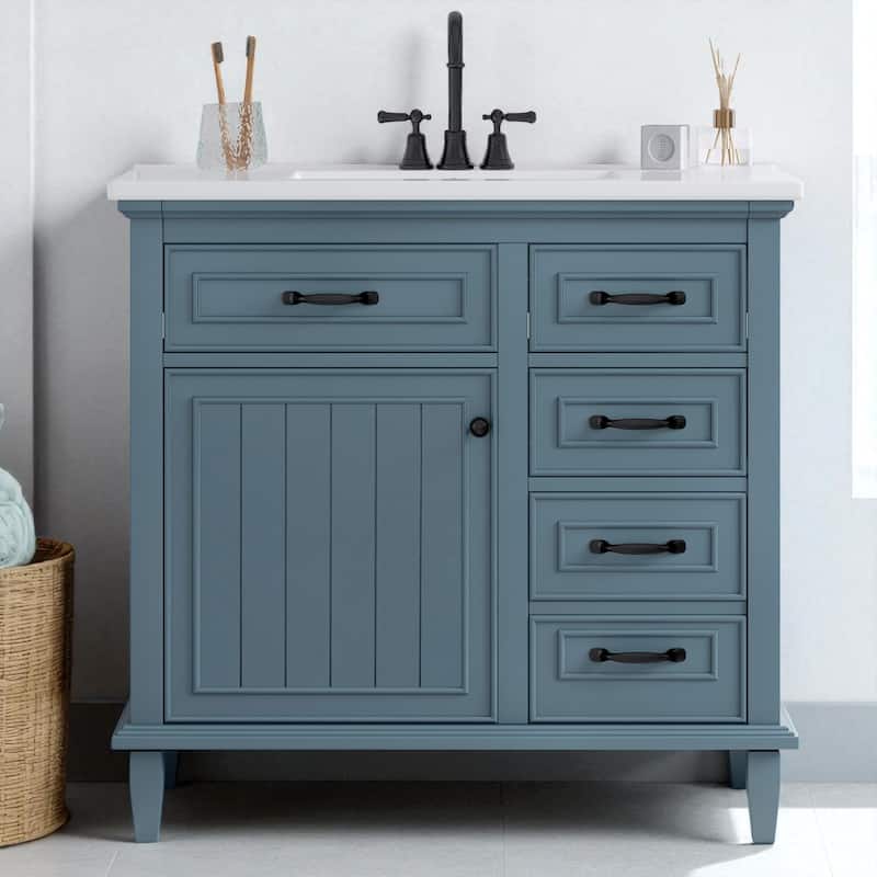 36" Bathroom Vanity with Ceramic Sink, Solid Wood Frame, 4 Drawers and Adjustable Shelf, Freestanding Cabinet - Blue Gray