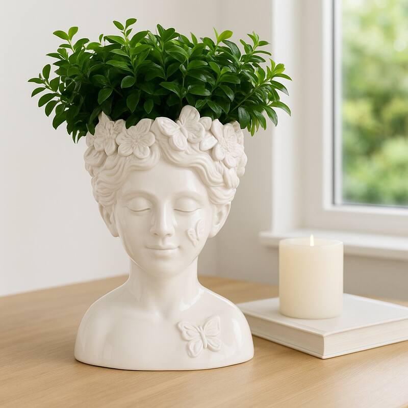 Ceramic Pot Planter Lady Crown Flower and Butterfly - 12" Ivory - 8" x 7" x 12"