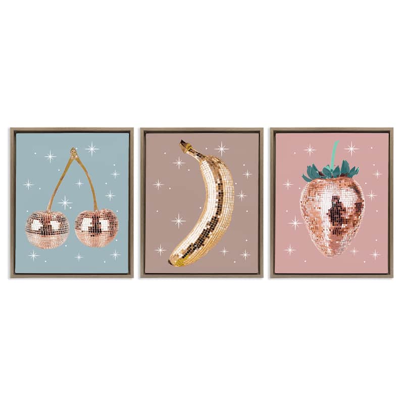Stupell Glam Disco Fruits Framed Floater Canvas Wall Art Design By Lil' Rue (Set of 3) - 17 x 21 - Brown