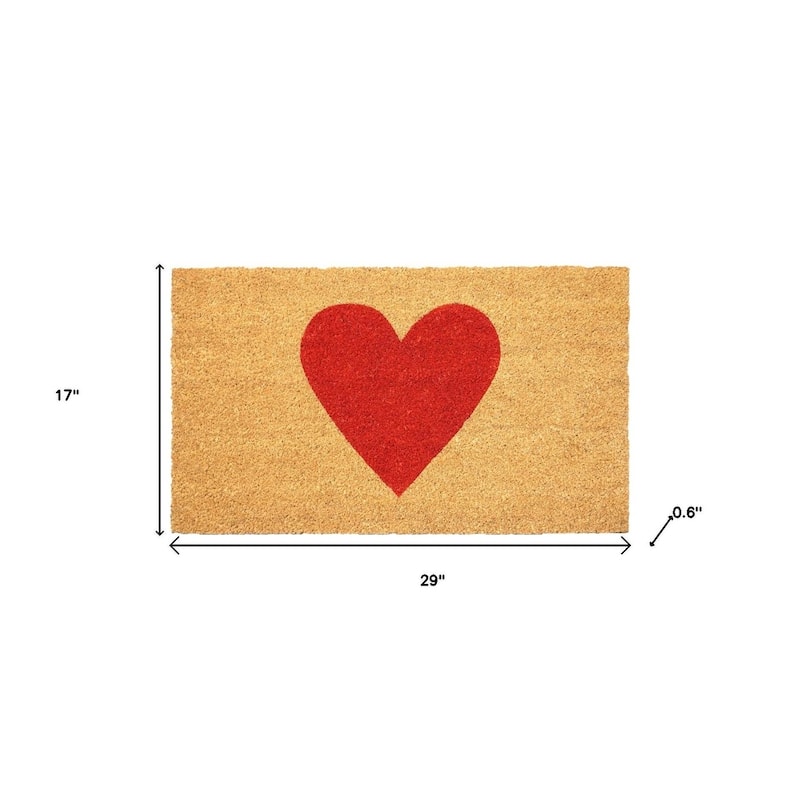 HomeRoots 17" X 29" Brown And Red Heart Outdoor Coir Door Mat - 17.00' X '29.00
