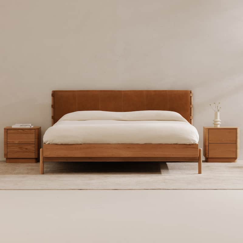 NADAAL STUDIOS Odette Queen Bed - Soft Low Design in Solid Oak and Oak Veneer in Light Brown