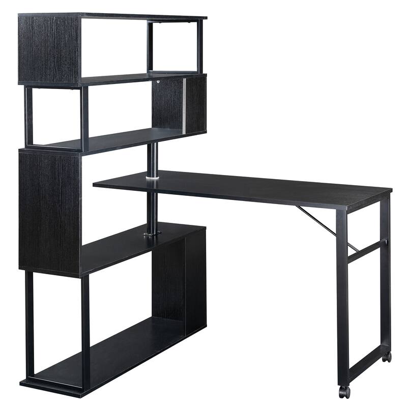Home Office Computer Desk L-Shaped Corner Table, Rotating Office Desk with 5-Tier Bookshelf & Lockable Casters