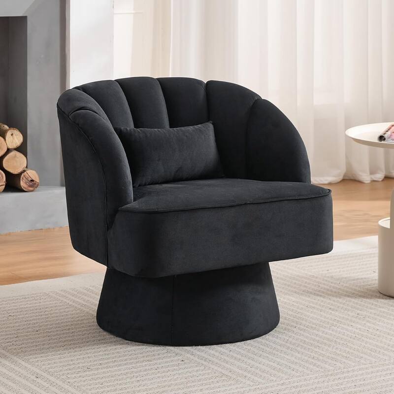 Modern Swivel Barrel Accent Chair, 360° Upholstered Armchair with Striped Backrest & Plush Padding - Black Velvet