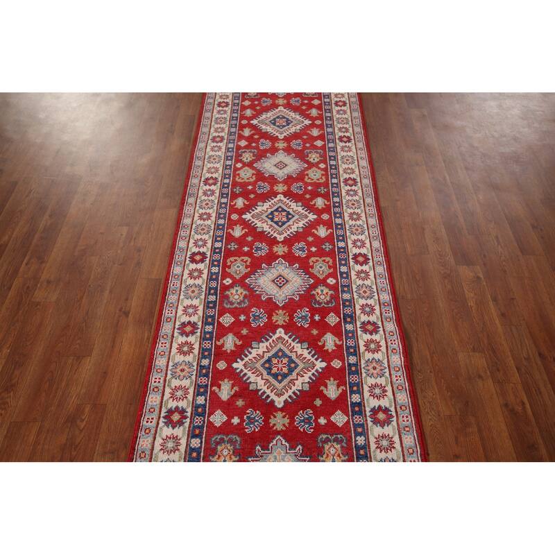 Red Geometric Kazak Runner Rug Hand-Knotted Wool Carpet - 2'7" x 9'8"
