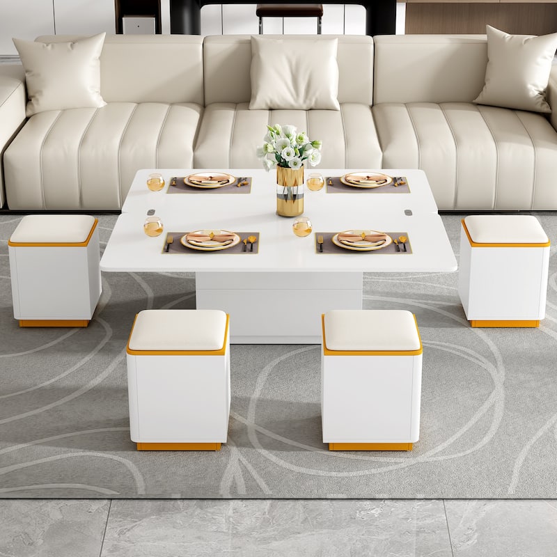 Lift-Top Coffee Table with 4 Storage Stools, Center Table with Foldable Top, Multi-Functional Adjustable Coffee Table