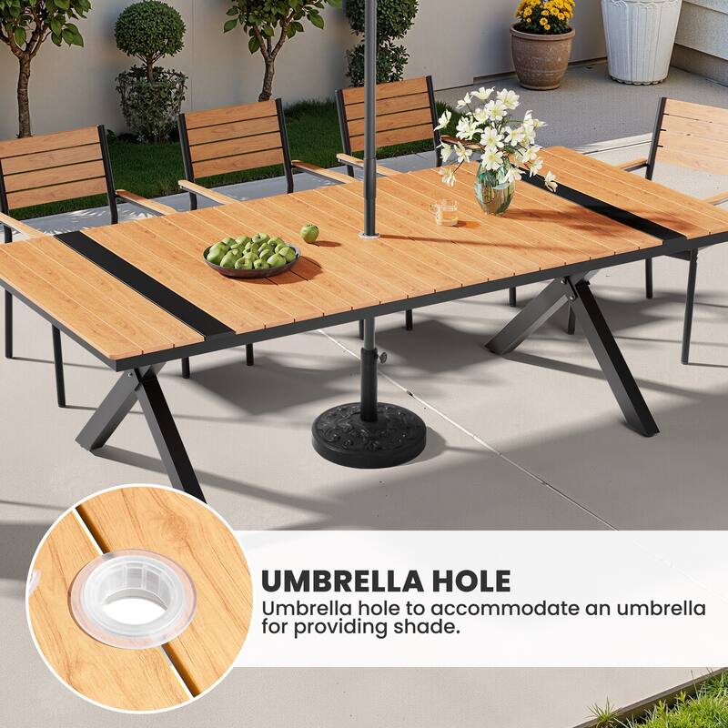 Outdoor Aluminum Dining Table Rectangular Table with Umbrella Hole for 10-12 Person