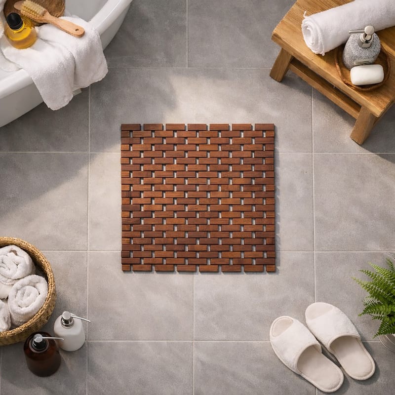 Natural Bamboo Bathroom Mat - Non Slip Bath Mat -Foldable Duckboard - 18" x 18" - Brown