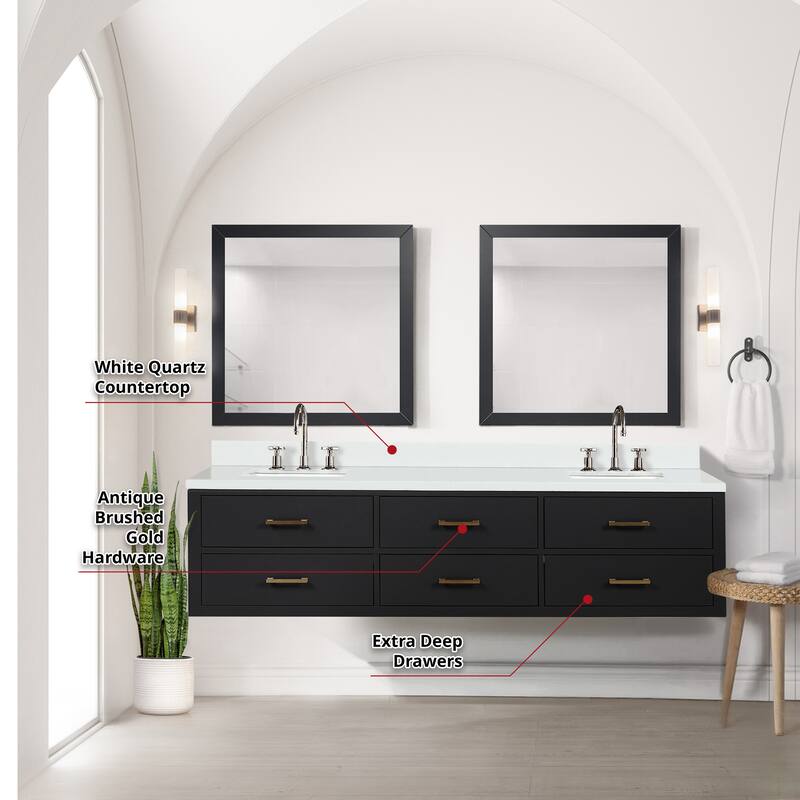 Castor 60 in W x 22 in D Black Double Bath Vanity, White Quartz Top, Faucet Set, and 28 in Mirrors