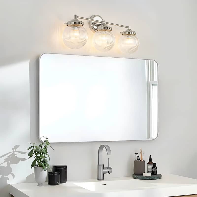 3-Light Modern Linear Ribbed Clear Glass Globe Bubble Bathroom Vanity Light over Mirror - 24.4 in. W x 9.6 in. H x 6.6 in. D