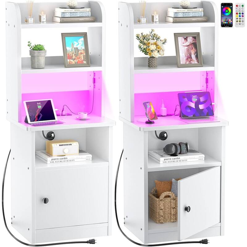 47" Nightstand with Charging Station and LED Lights,Industrial Bedside End Side Table with Adjustable Bookshelf Storage Cabinet