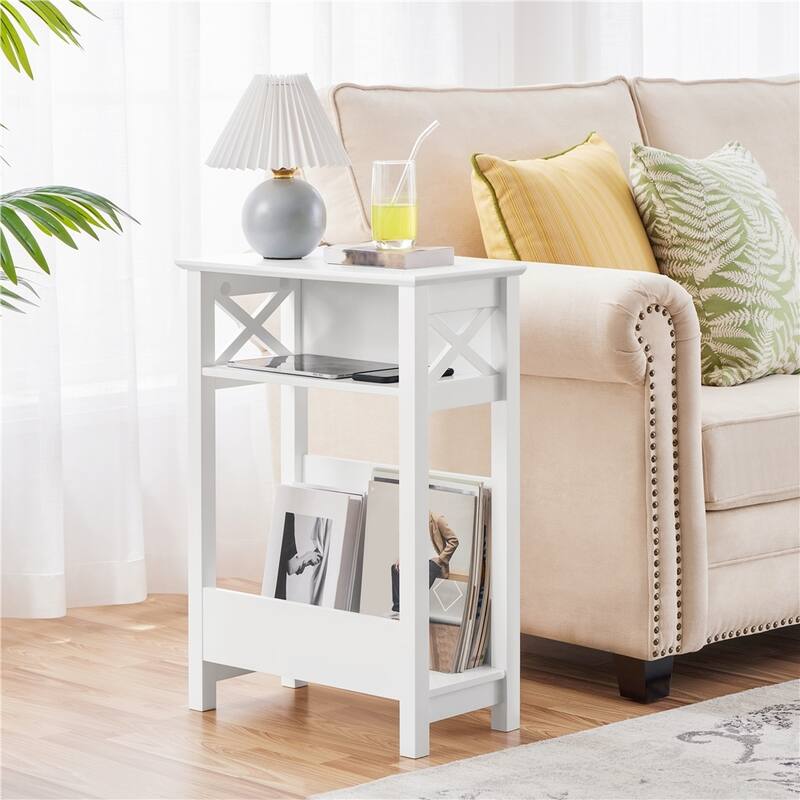 Yaheetech Modern Sofa Side Table with Storage Shelf 3 Tier Slim End Table, White - White