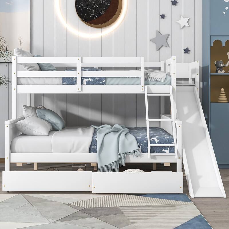 Twin over Full Bunk Bed with Solid Slats, Detachable Wood Beds Frame