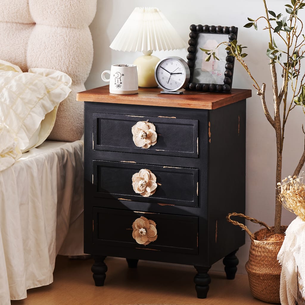 Vintage Farmhouse End Table with Floral Knobs, Rustic Nightstand with 3 Drawers, Gourd Legs, Black
