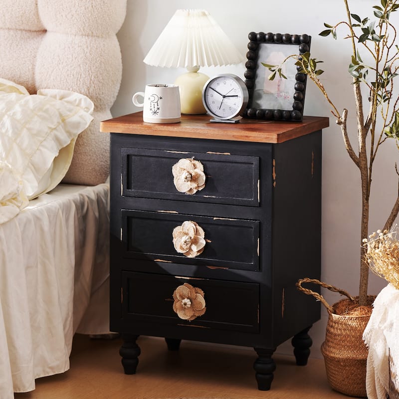 Vintage Nightstand with 3 Drawers - Antique Black