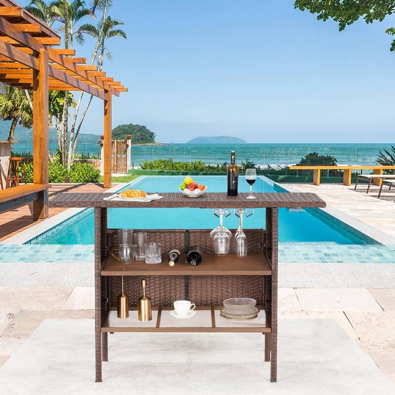 AVAWING Patio PE Wicker Bar Table Rattan Bar Counter Table - Brown