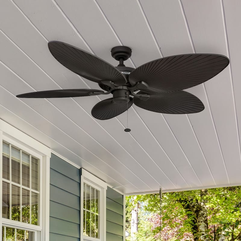 52" Honeywell Palm Island Bronze Indoor/Outdoor Ceiling Fan with No Light, Pull Chain, 5 Palm Leaf Blades
