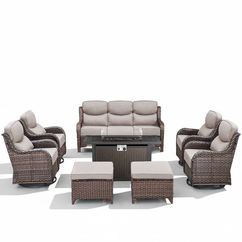 Arcadia 8-Piece PE Wicker Patio Seating Set with Durable All-Iron Fire Pit and 6-Inch Cushions