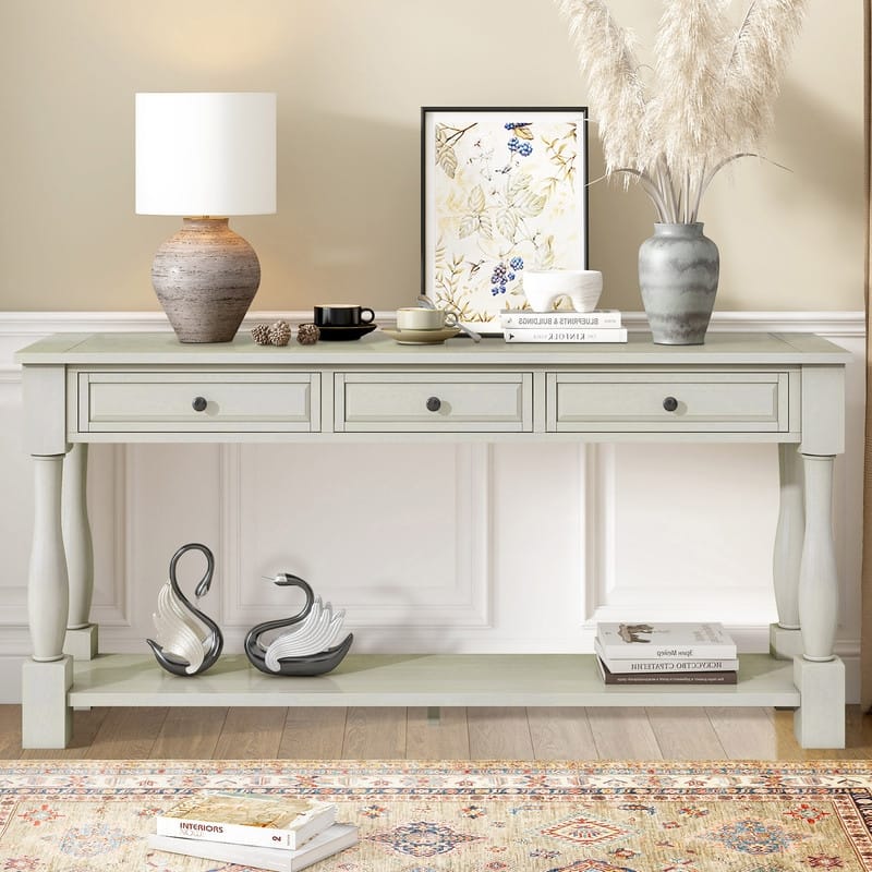 63"Long Console Table with 3 Drawers and Shelf for Entryway and Living Room in Mediterranean Design