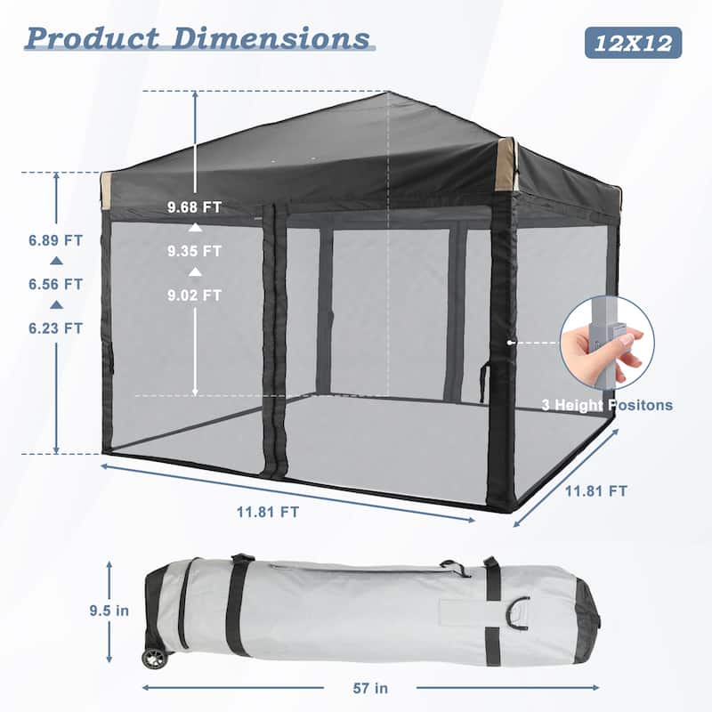 Aoodor 12'x12' Pop Up Canopy Tent with Removable Mesh Sidewalls, Portable Instant Shade Canopy with Roller Bag