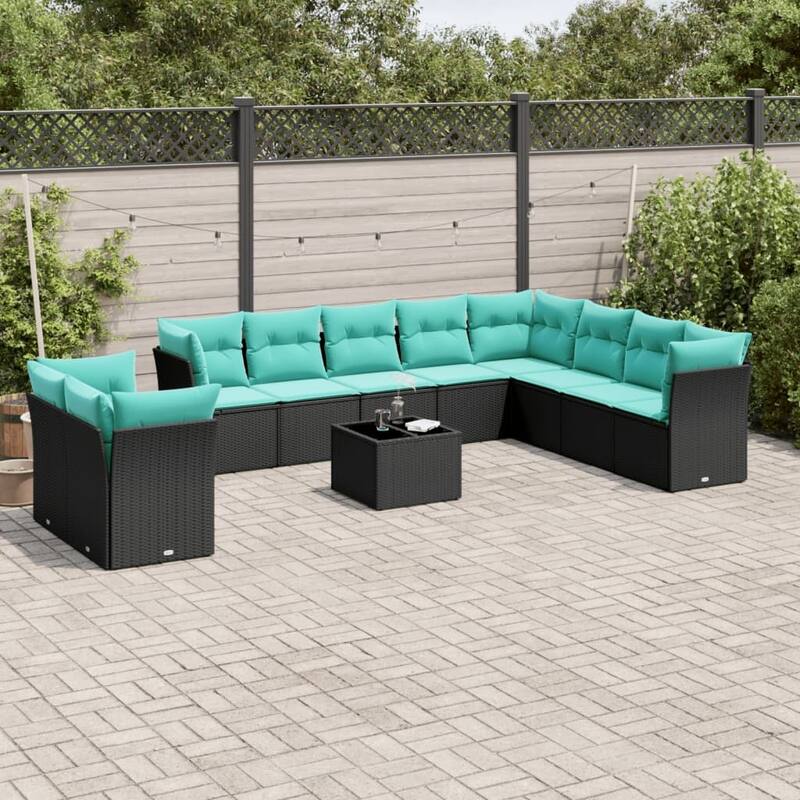 vidaXL 10/11 Piece Patio Sofa Set with Cushions Black/Brown/Gray Poly Rattan - 21.7 x 24.4 x 27.2 - Black and blue With table