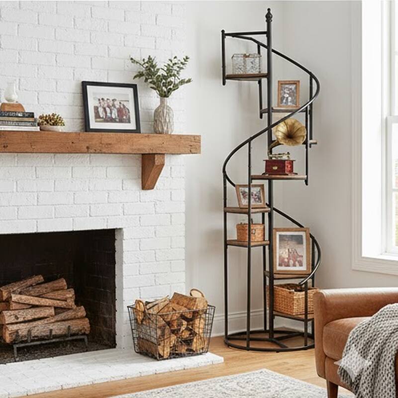 69 Inch Wood Bookcase, Spiral Metal Frame, Staircase Design, Brown