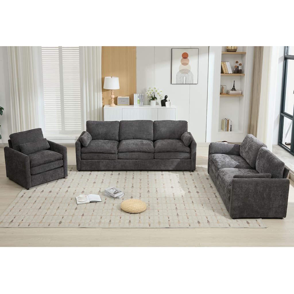 Roomfitters Cozy Upholstered Cloud Sofa Set with Double Plush Cushions, Oversized Comfy Couch for Living Room, Grey
