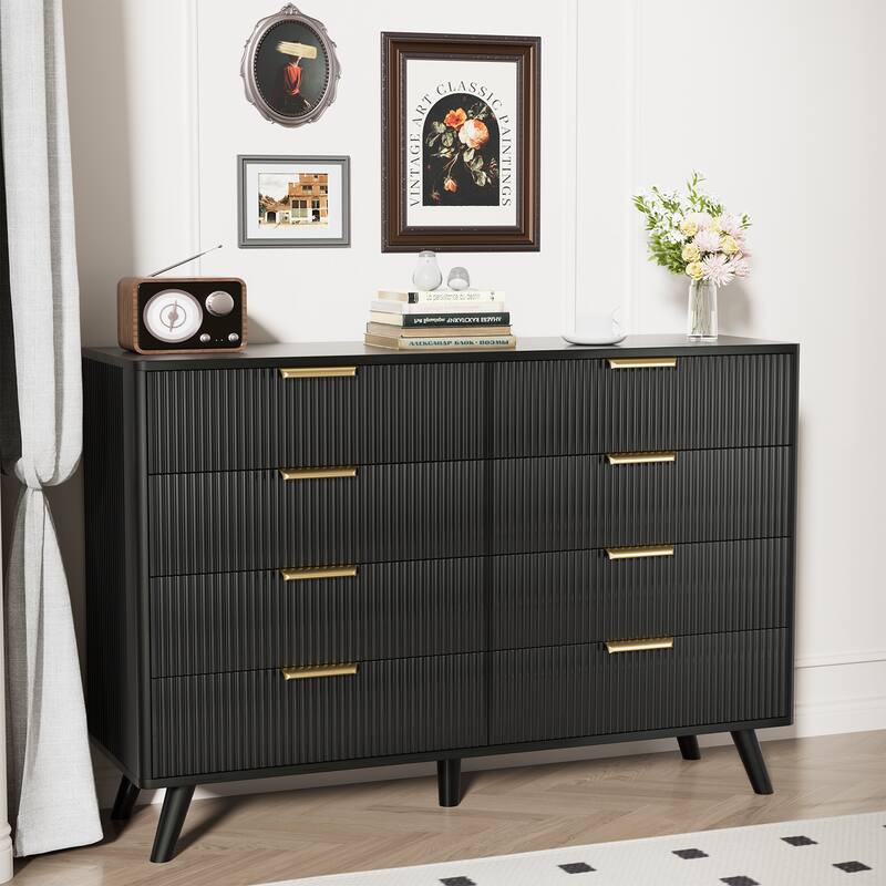 Gymojoy 8 Drawer Fluted Dresser for Bedroom, Modern Wave Pattern Wood Chest with Gold Handles, Boho Storage Dresser - Black - 8-drawer