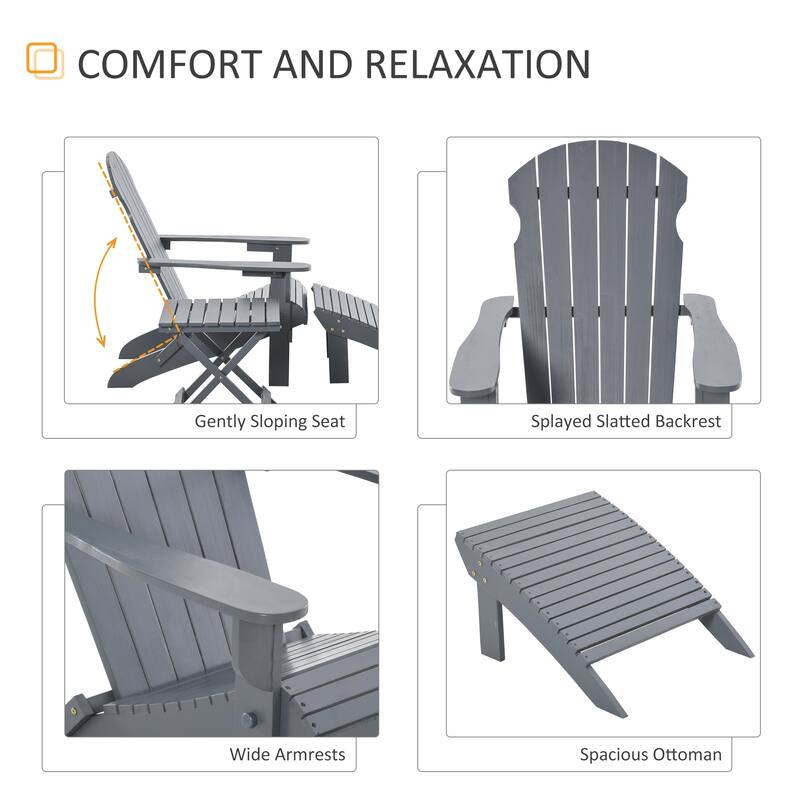3-Piece Folding Adirondack Chair With Ottoman And Side Table, Outdoor Wooden Fire Pit Chairs W/ High-Back - Grey