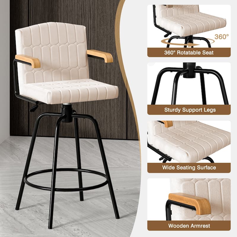 Javlergo Modern Upholstered Bar Stools with Backrest and Wooden Armrests Bar Height Stools with Metal Legs for Kitchen Dining