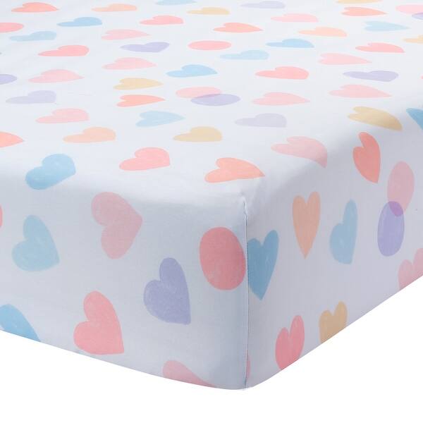 slide 2 of 5, Bedtime Originals Rainbow Hearts White/Peach/Purple Baby Fitted Crib Sheet
