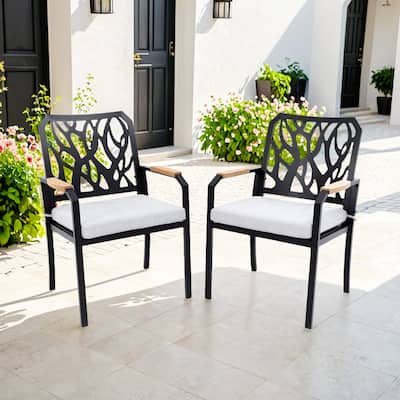 GDFStudio - Aaron Outdoor Patio Aluminum Dining Chairs with Sunbrella Cushions,Branch-Like Backrest, FSC-Certified Wood Armrests