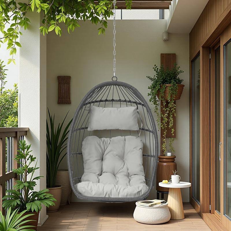 PE Rattan Egg Hanging Chair with 360lb Capacity, Waterproof Cushion and UV-Resistant