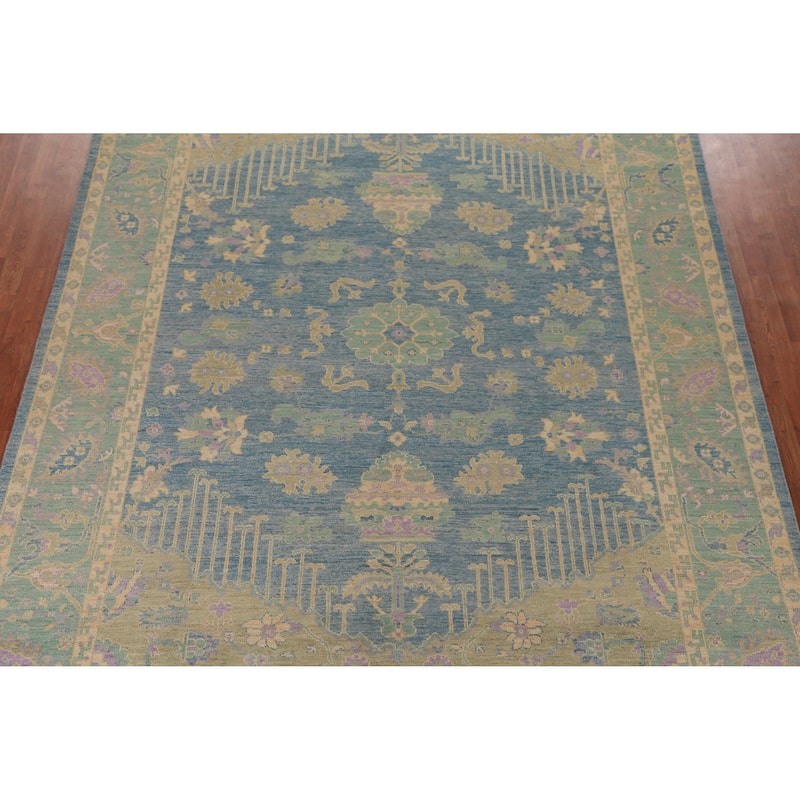 Hand Knotted Oriental 100% Wool Carpet Transitional Floral Navy Blue & Blues Oushak Area Rug - 11' 11'' X 8' 11''