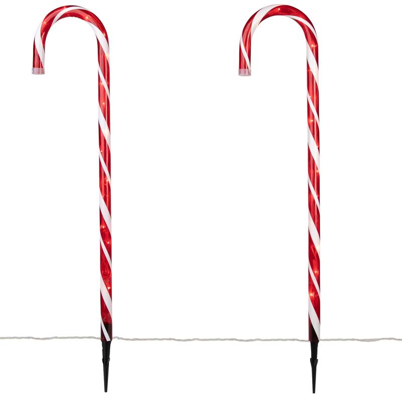 Lighted Candy Cane Outdoor Christmas Pathway Markers- Clear Lights - 28" White Wire - 3ct - Red