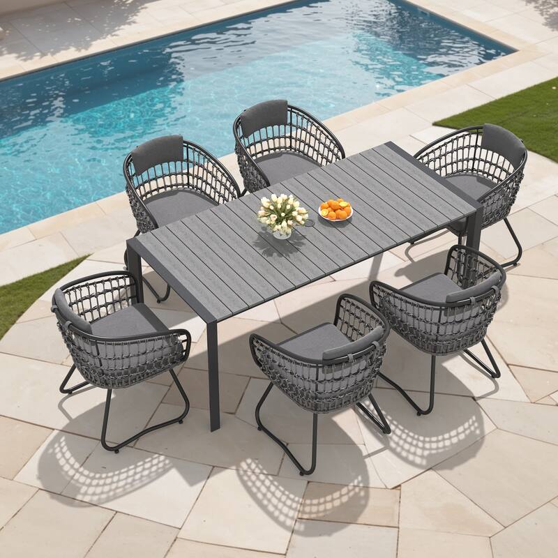 7/9-Piece Outdoor Premium Aluminum Dining Table with Umbrella Hole and PE Rattan Chairs