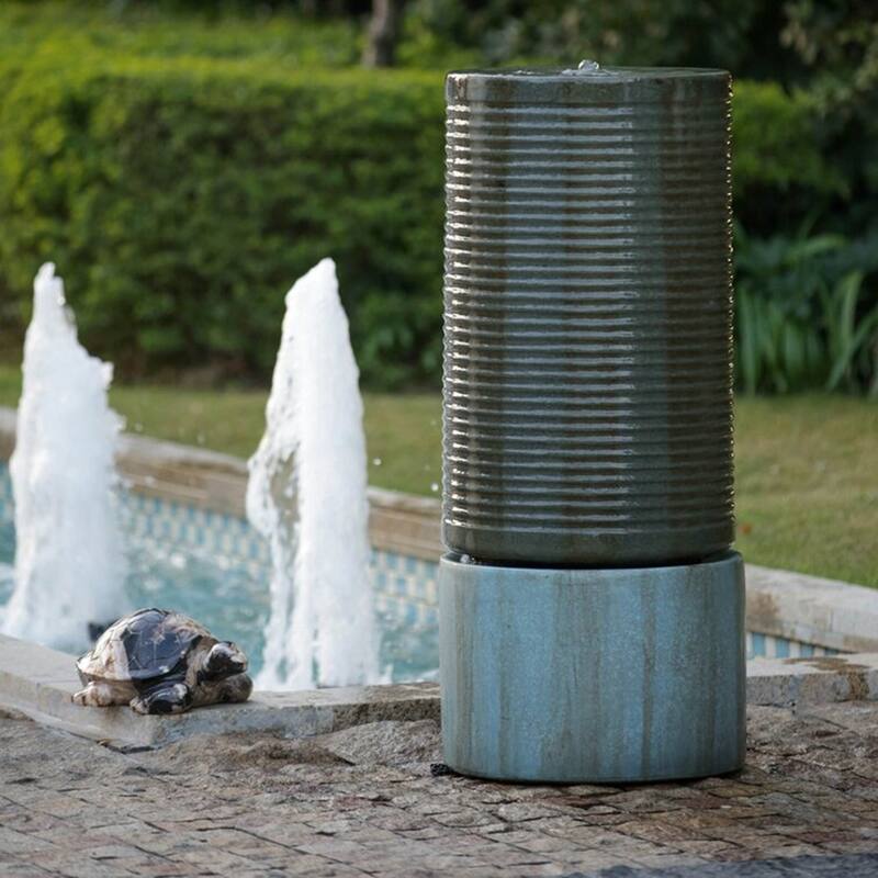 44" Tall Large Round Green Ribbed Tower Water Fountain, Verge Bronze, Cement Outdoor Bird Feeder / Bath Fountain - Green