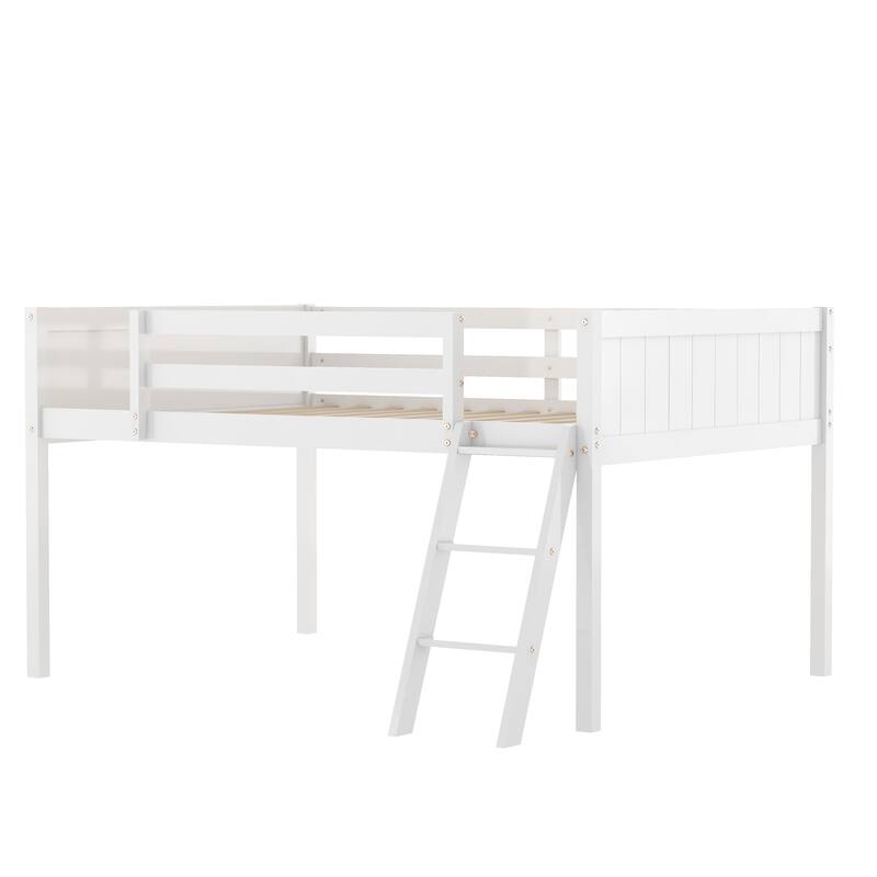 Full Size Wood Low Loft Bed with Convertible Ladder, White