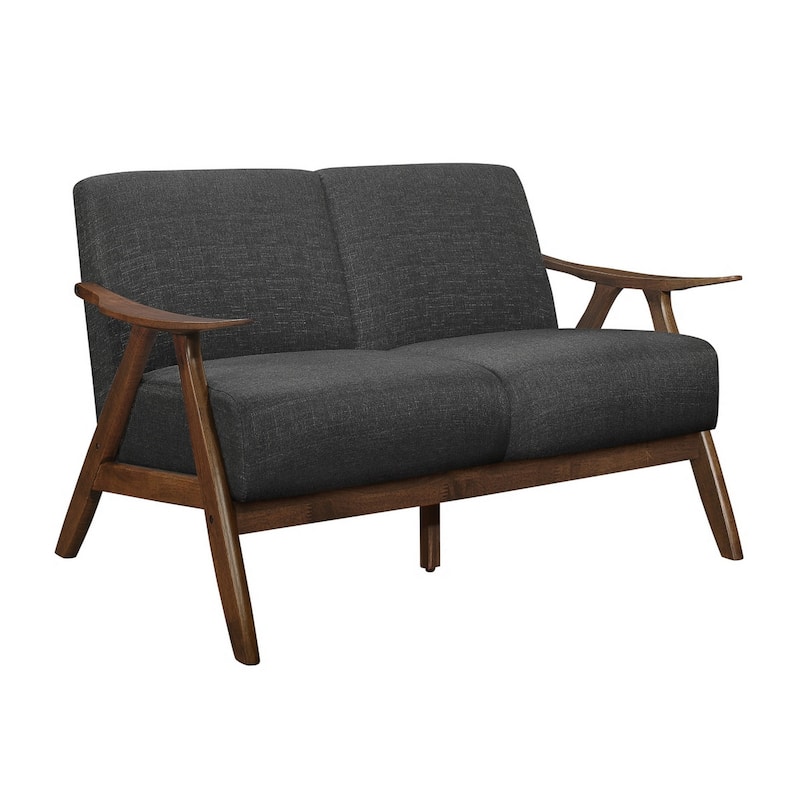 Indy 51 Inch Loveseat, Brown Rubberwood Angled Frame, Textured Gray Fabric