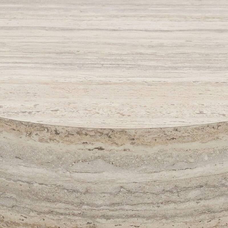 Lia 39 Inch Coffee Table, Round Travertine Stone Finish Laminated Top